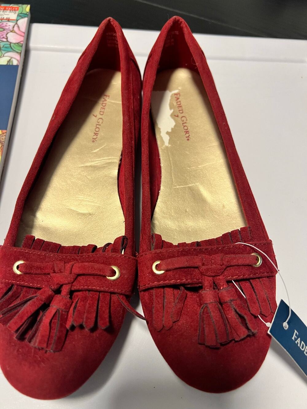 Faded Glory Women’s Red Burgundy Faux Suede Fringe Ballet Flats Shoes Sz 7 NWT